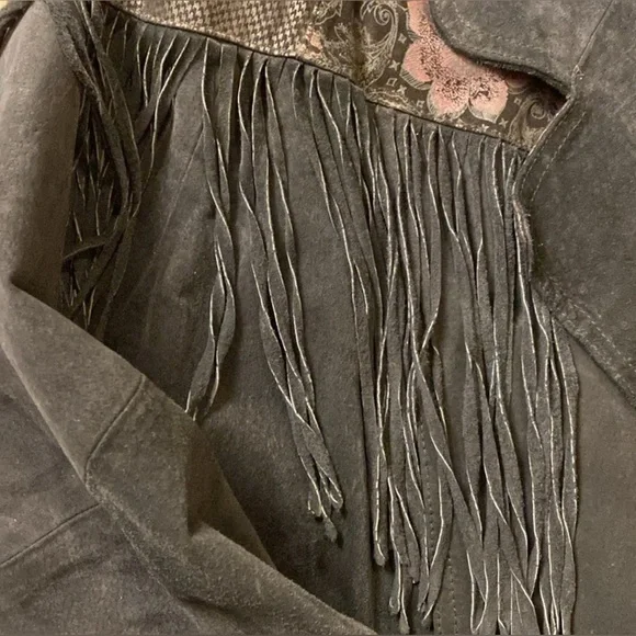 Vintage Cosa Nova Black Suede Leather Fringe Bomber Coat with Floral Print M L - Picture 2 of 12